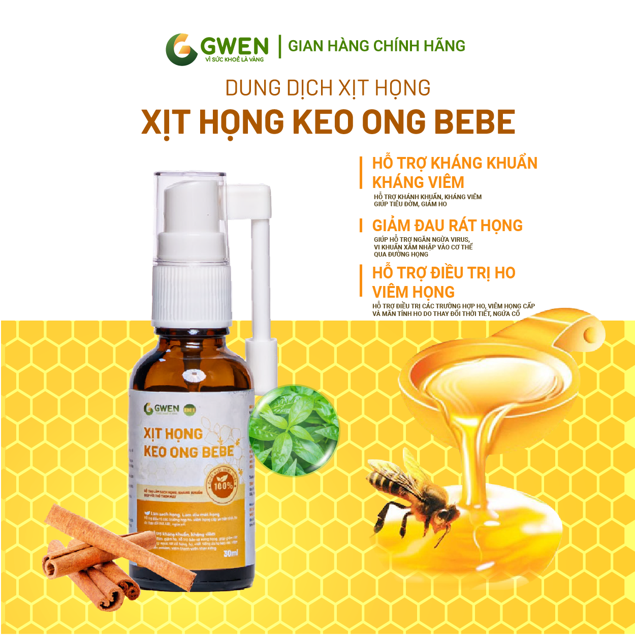 Xịt Họng Keo Ong BeBe Gwen 30ml – Hỗ Trợ Bảo Vệ Họng, Giảm Ho, Ngăn Ngừa Viêm
